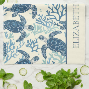 Coastal Blue and Cream Sea Turtles Personalized Tea Towel