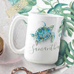 Coastal Blue and Green Sea Turtle Personalized Coffee Mug<br><div class="desc">Add tropical island style to your home with my beach themed personalized mug featuring a replica of my original hand painted watercolor sea turtle and monstera palm leaves in shades of blue, green and turquoise. Your name is set in hand lettered script typography. Makes a perfect holiday turtle gift under...</div>