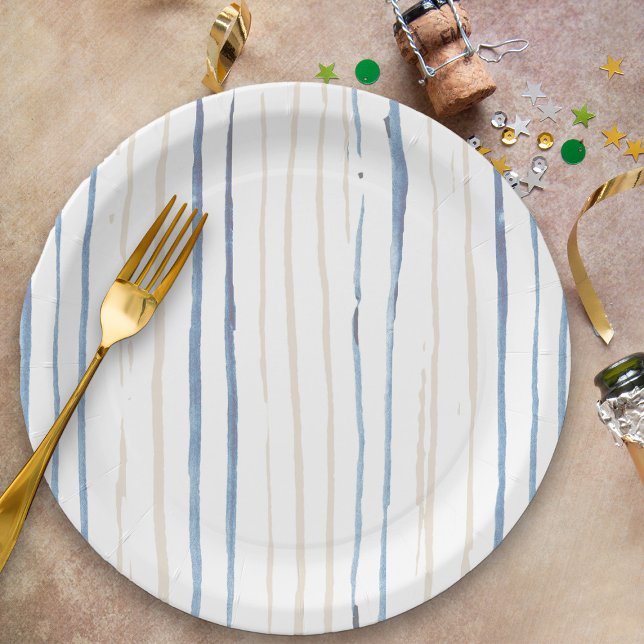 Coastal Blue and Sand Brushstroke Striped Paper Plate (Watercolor Striped Party Plates from my Floral Number Birthday Party Collection)