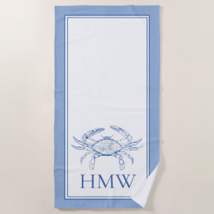 Coastal Blue and White Crab Monogram Beach Towel