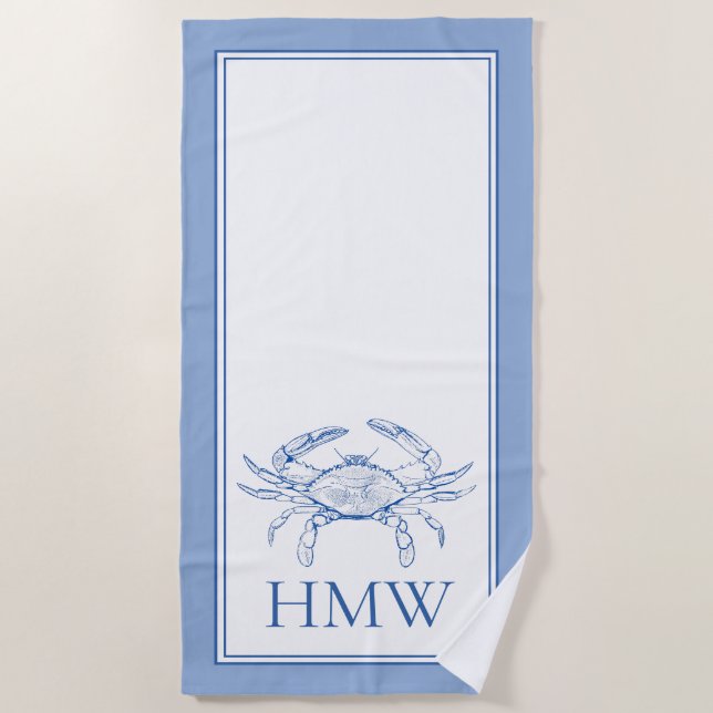 Coastal Blue and White Crab Monogram Beach Towel (Front)