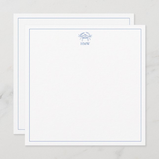 Coastal Blue and White Crab Monogram Card (Front/Back)