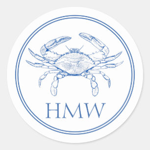 Coastal Blue and White Crab Monogram Classic Round Sticker