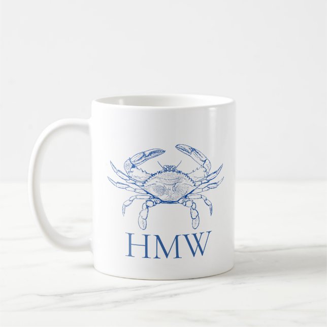 Coastal Blue and White Crab Monogram Coffee Mug (Left)
