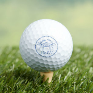 Coastal Blue and White Crab Monogram Golf Balls