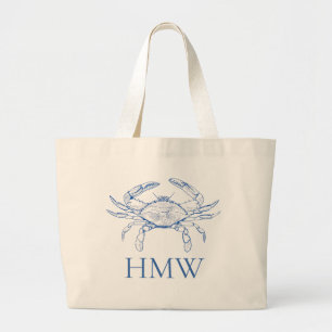 Coastal Blue and White Crab Monogram Large Tote Bag