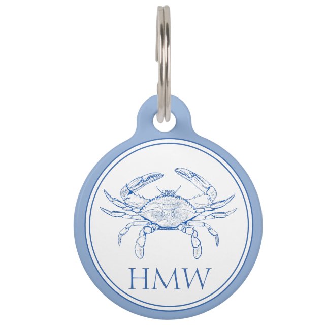 Coastal Blue and White Crab Monogram Pet Tag (Front)