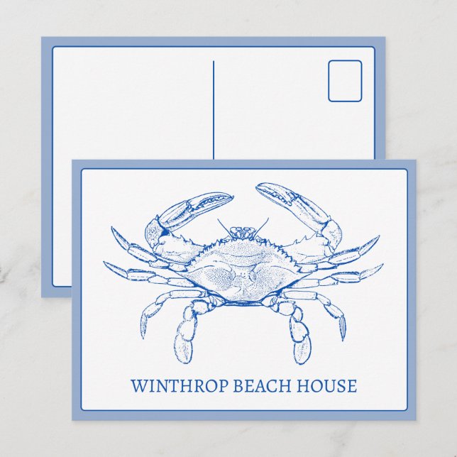 Coastal Blue and White Crab Personalised Postcard (Front/Back)