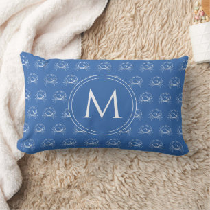 Coastal Blue and White Crabs Monogram Lumbar Cushion