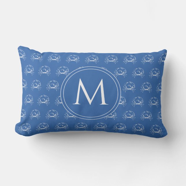 Coastal Blue and White Crabs Monogram Lumbar Cushion (Front)