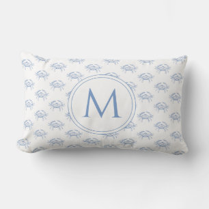 Coastal Blue and White Crabs Monogram Lumbar Cushion