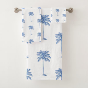 Coastal Blue and White Palm Palmetto Trees Bath Towel Set
