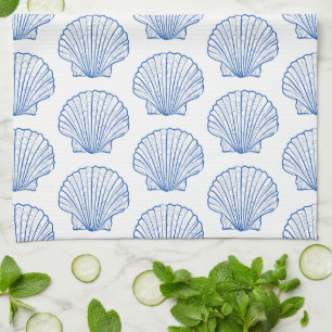 Coastal Blue and White Scallop Seashell Tea Towel