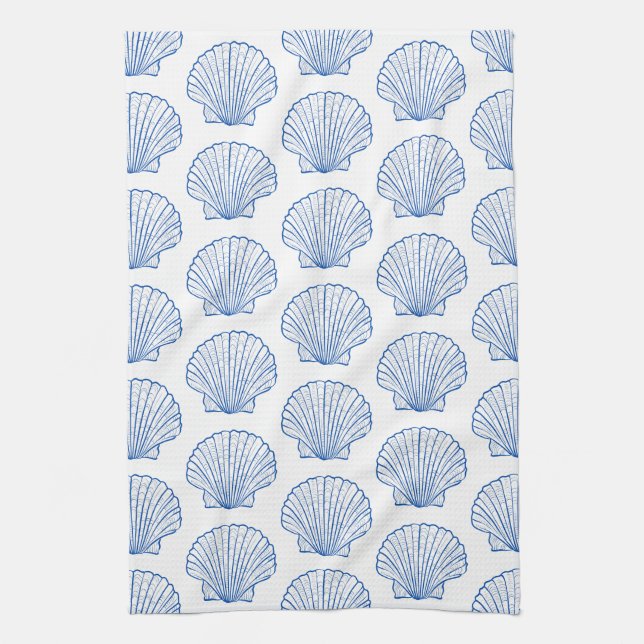 Coastal Blue and White Scallop Seashell Tea Towel (Vertical)