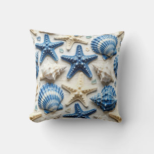 Coastal Blue and White Seashells and Starfish Cushion