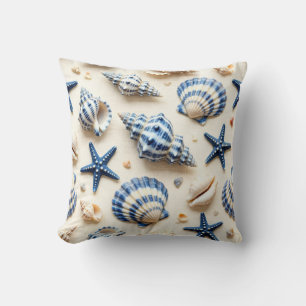 Coastal Blue and White Seashells and Starfish Cushion