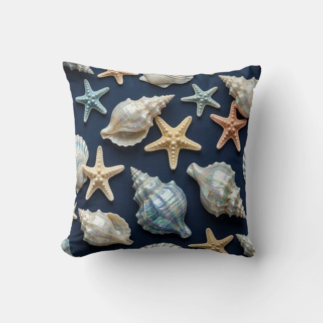 Coastal Blue and White Seashells Cushion (Front)