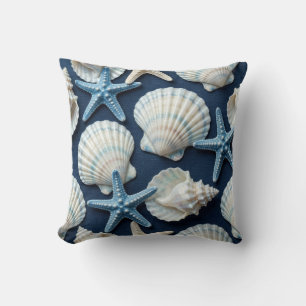 Coastal Blue and White Seashells Cushion