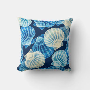 Coastal Blue and White Seashells Cushion