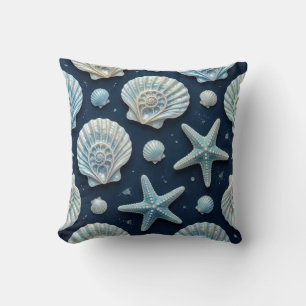 Coastal Blue and White Seashells Cushion