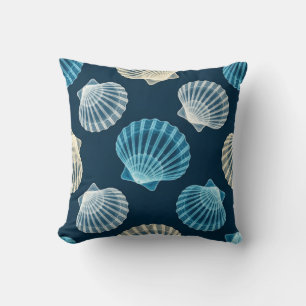Coastal Blue and White Seashells Cushion