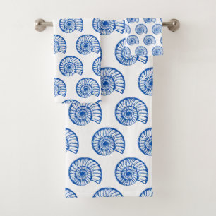 Coastal Blue and White Shells Bath Towel Set