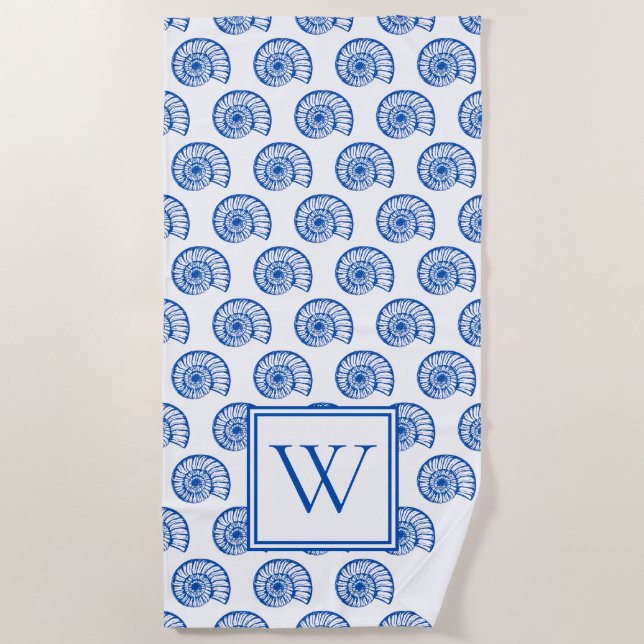 Coastal Blue and White Shells Monogram Beach Towel (Front)