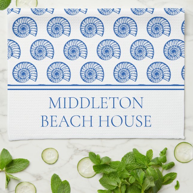 Coastal Blue and White Shells Personalised Tea Towel (Folded)