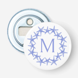 Coastal Blue and White Starfish Wreath Monogram Bottle Opener