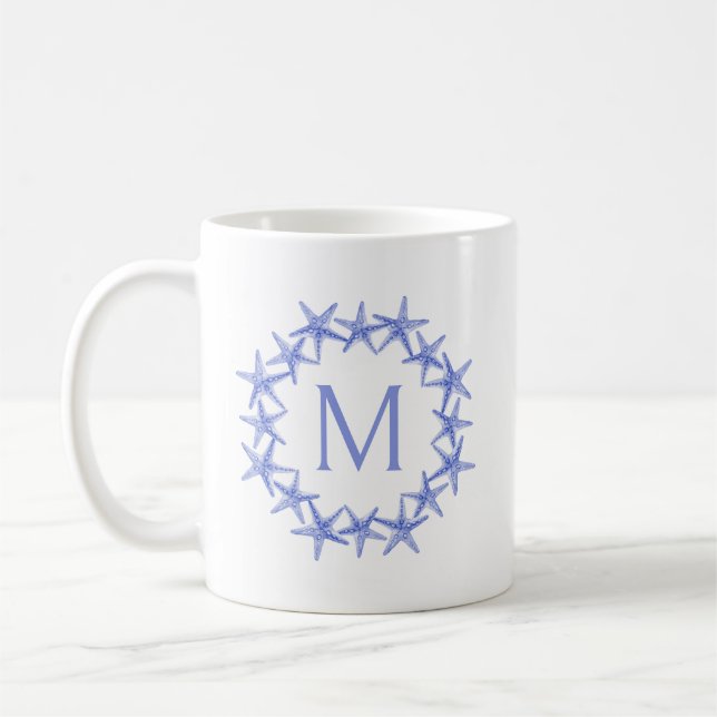 Coastal Blue and White Starfish Wreath Monogram Coffee Mug (Left)