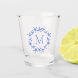 Coastal Blue and White Starfish Wreath Monogram Shot Glass