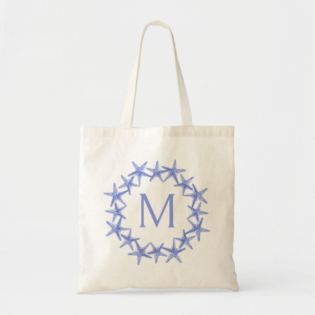 Coastal Blue and White Starfish Wreath Monogram Tote Bag (Front)