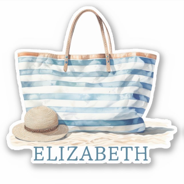 Coastal Blue and White Stripe Beach Tote (Front)