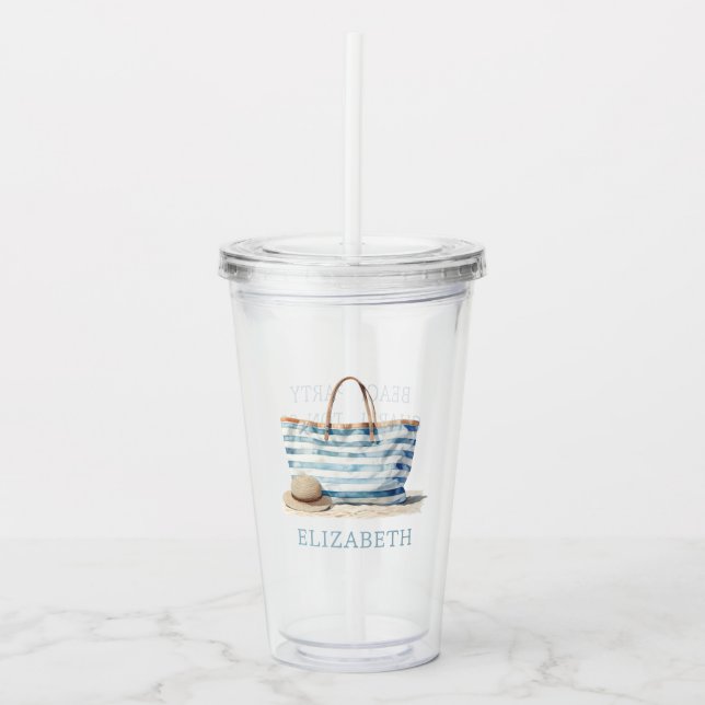 Coastal Blue and White Stripe Beach Tote Acrylic Tumbler (Front)