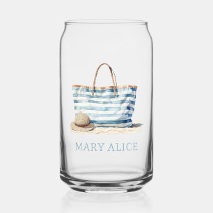 Coastal Blue and White Stripe Beach Tote Can Glass
