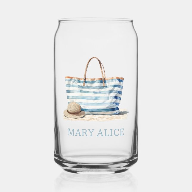 Coastal Blue and White Stripe Beach Tote Can Glass (Front)