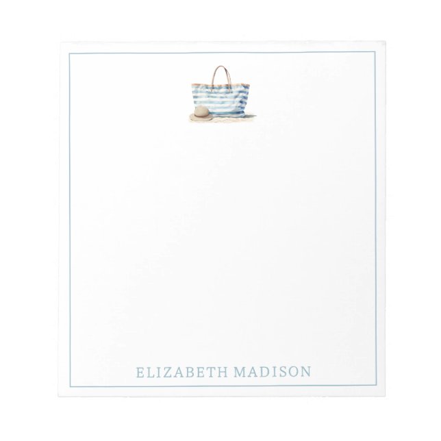 Coastal Blue and White Stripe Beach Tote Notepad (Front)