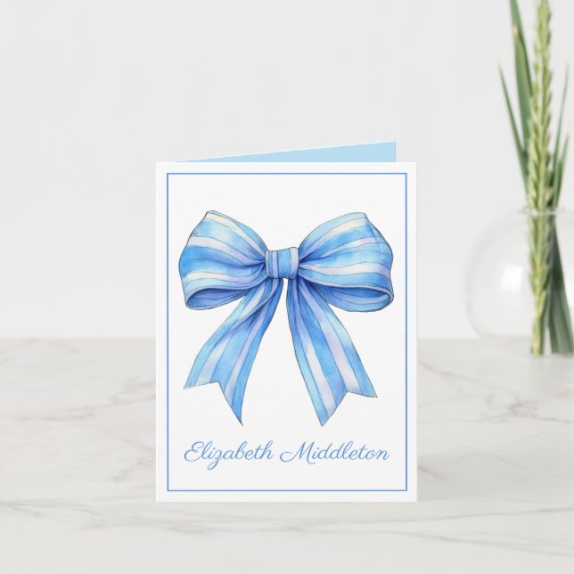 Coastal Blue and White Watercolor Bow Personalised Note Card (Front)