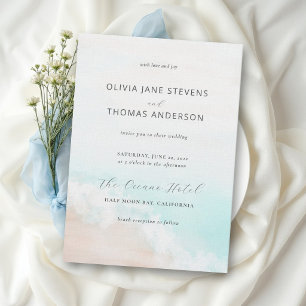 Coastal Blue Aqua Ocean Beach Wave Elegant Wedding Invitation