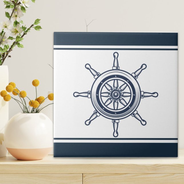 Coastal Blue Beach House Boat Ship Helm Nautical Ceramic Tile (Coastal Blue Beach House Boat Ship Helm Nautical Ceramic Tile)