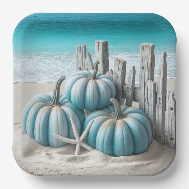 Coastal Blue Beach Pumpkins  Paper Plate (Front)