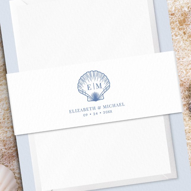 Coastal Blue Beach Shell Monogram Wedding Invitation Belly Band (Creator Uploaded)