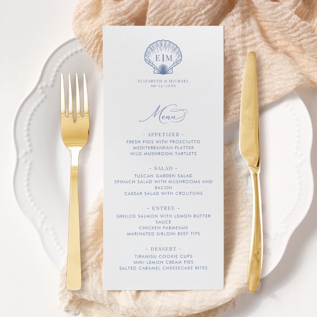 Coastal Blue Beach Shell Monogram Wedding Menu (Creator Uploaded)