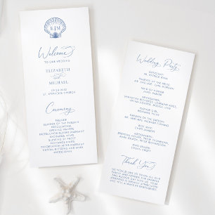 Coastal Blue Beach Shell Monogram Wedding Program