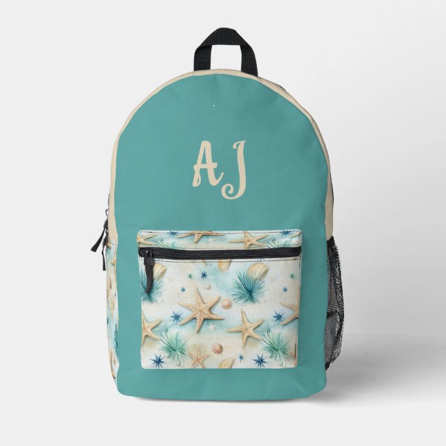 Coastal Blue & Beige Starfish Personalised Printed Backpack (Front)