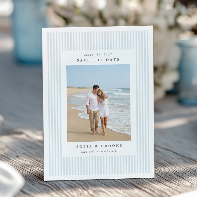 Coastal Blue | Classic Pinstripe Photo Wedding Save The Date (Creator Uploaded)
