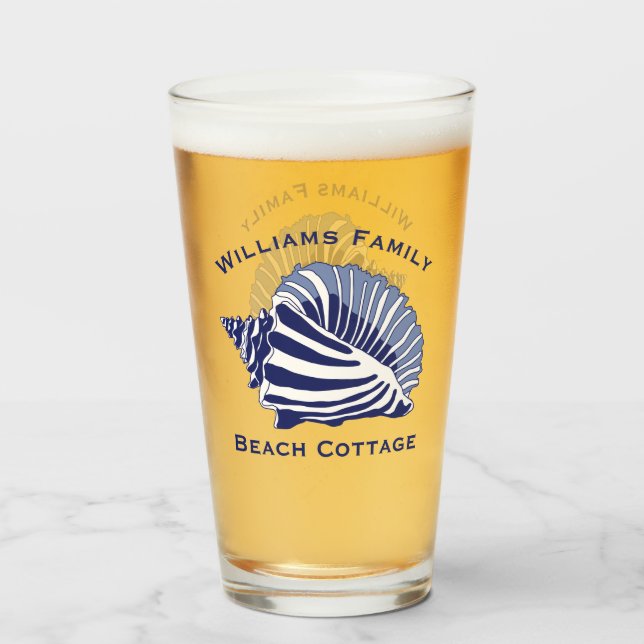 Coastal Blue Conch Seashell Beach Family Monogram Glass (Front Filled)