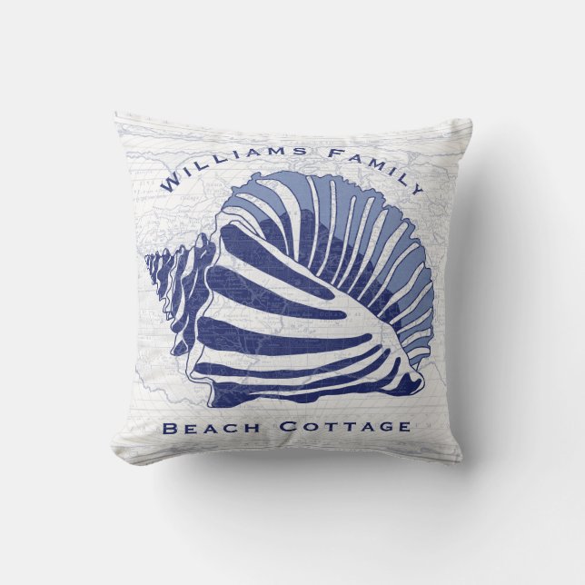 Coastal Blue Conch Seashell Family Monogram Cushion (Front)