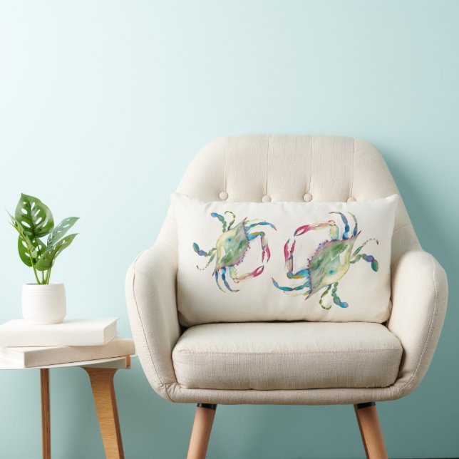 Coastal Blue Crab Beach House Watercolor Lumbar Cushion (Chair)