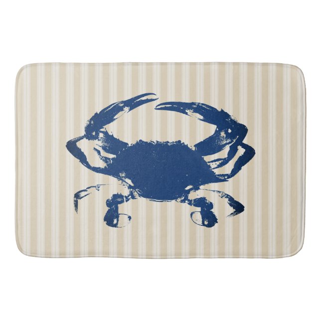 Coastal Blue Crab & Taupe Stripes Bath Mat (Front)